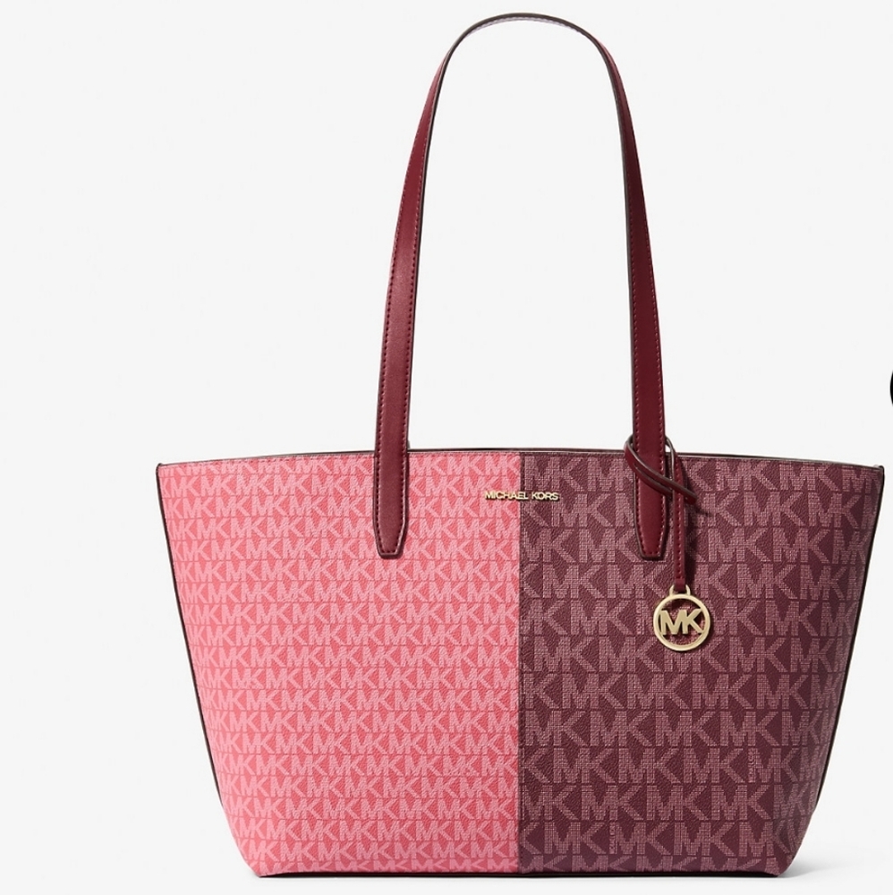 Michael Kors Two Tone Oxblood Multi Logo Medium Zip Top Jet Set Travel Tote